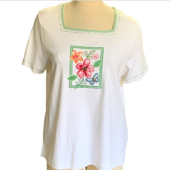 Alfred Dunner Square Neck Top Floral Embroidery Gingham Beaded Sequins M 33P - Picture 2 of 8